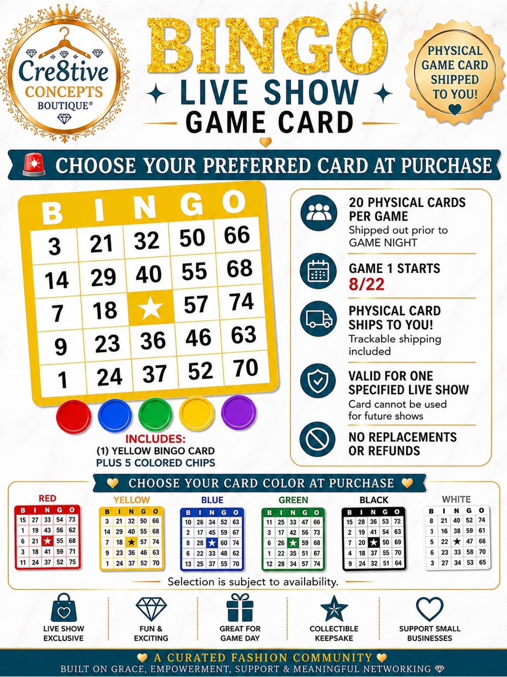 Buy NOW: YELLOW BINGO Card plus 5 Colored Chips-Pick One!!